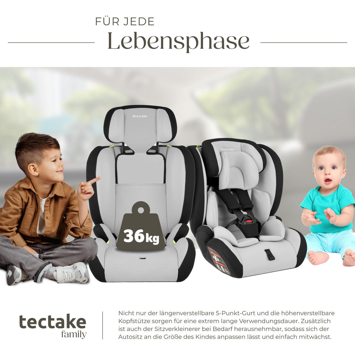 AUTOSITZ Sophie,von 76 bis 150 cm, Belastbarkeit 36 kg,hellgrau/schwarz - Hellgrau/Schwarz, Kunststoff (47/80.5/47cm) - tectake
