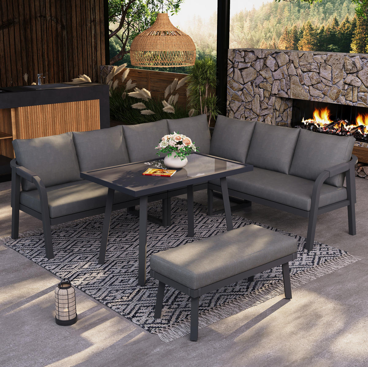 GARTEN-ESSGRUPPE 240/183/40 cm grau aus Stahl und Polyester für bis zu 8 Personen - Grau, Holzwerkstoff - OKWISH