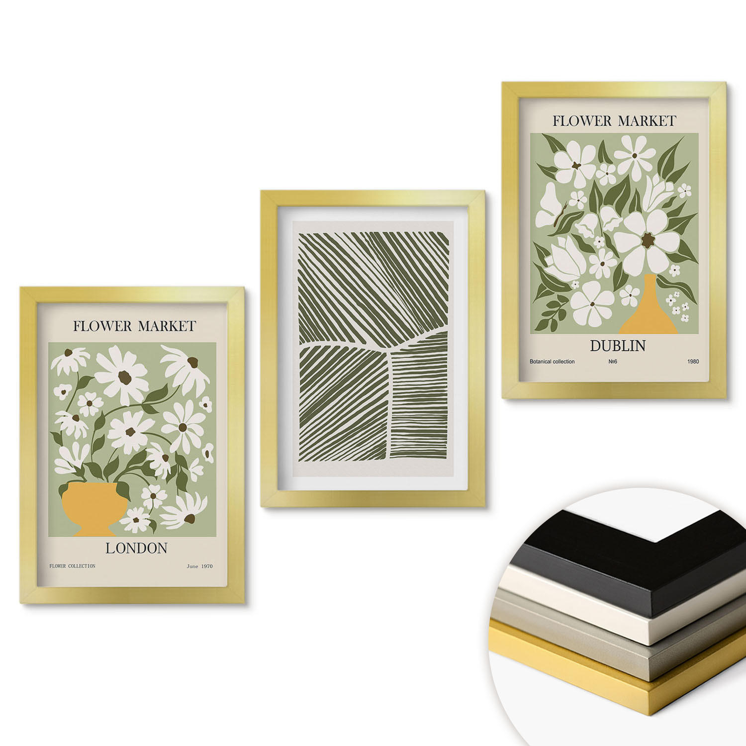 WANDBILDER 3er Set - 20x30 cm Goldrahmen - Blumenmuster London Dublin - Goldfarben, Kunststoff (20/30cm) - ArtPrintCave