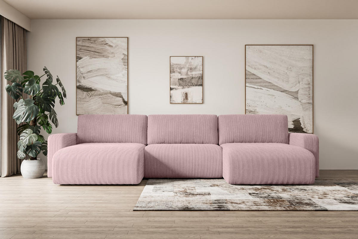 WOHNLANDSCHAFT mit Schlaffunktion und Bettkasten KLEEA-U - 347x143x83 cm Rosa Cord - Schwarz/Rosa, Holzwerkstoff/Kunststoff (347/83/143cm) - ALTDECOR