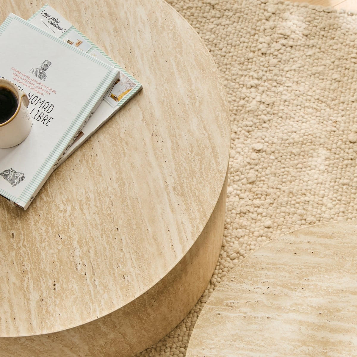 COUCHTISCHE RUND TRAVERTINOPTIK 2er set 58/58/58 cm - Beige, Holzwerkstoff (65.5/58/38cm) - Calicosy