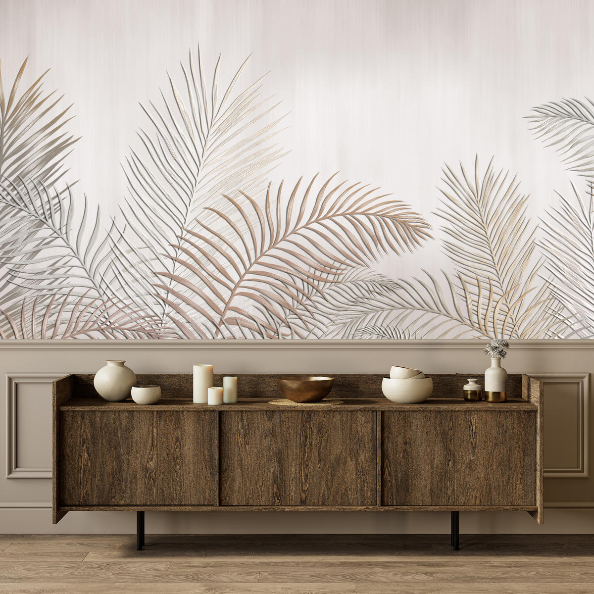 FOTOTAPETE für Schlafzimmer Beige Palmenblätter Delikat 450x315 - Beige/Braun, Papier (450/315cm) - Muralo