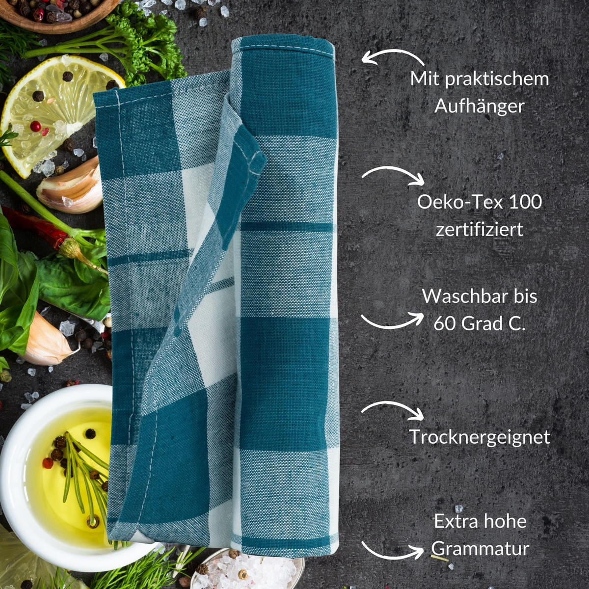 GESCHIRRTÜCHER 50x70 cm im 4er Set aus 100% Baumwolle, Küchentücher Petrol - Petrol, Textil (50/70cm) - Carpe Sonno