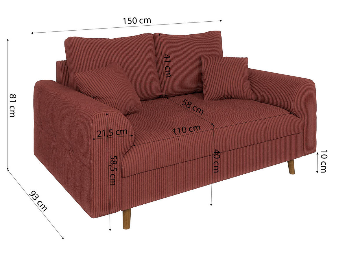 SITZGARNITUR 3+2+1 Alma Terrakotta Cord - Terracotta/Schwarz, Holz/Textil (210/81/93cm) - S-Style Möbel