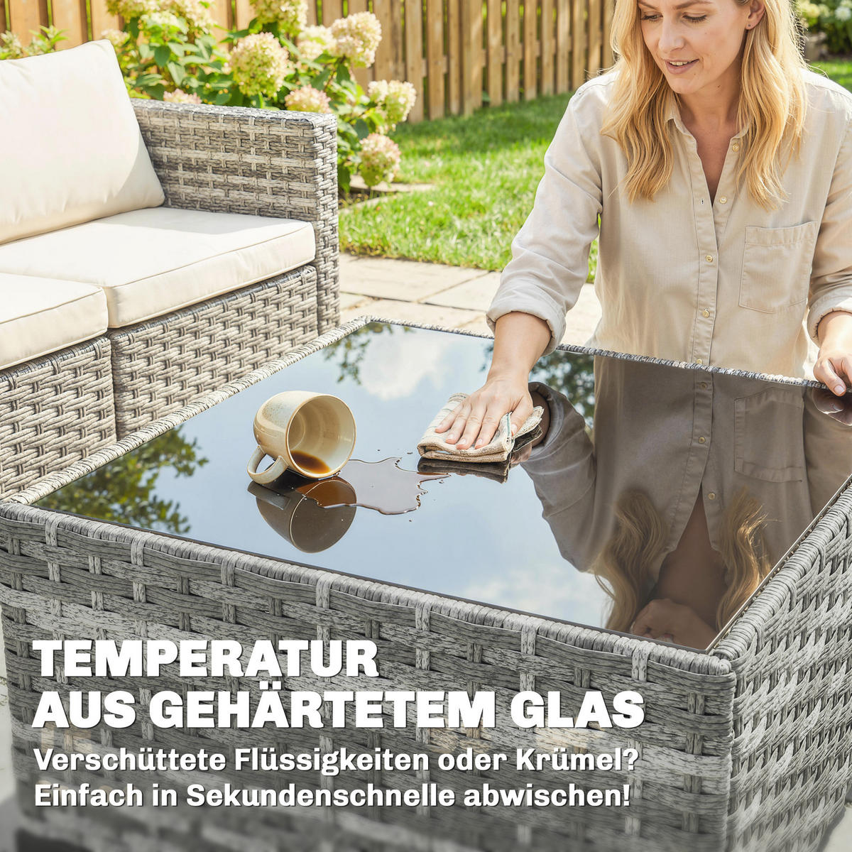 LOUNGEGARNITUR 5 TLG. aus PE-Rattan mit Kissen, Grau - Creme/Schwarz, Glas/Kunststoff - Outsunny
