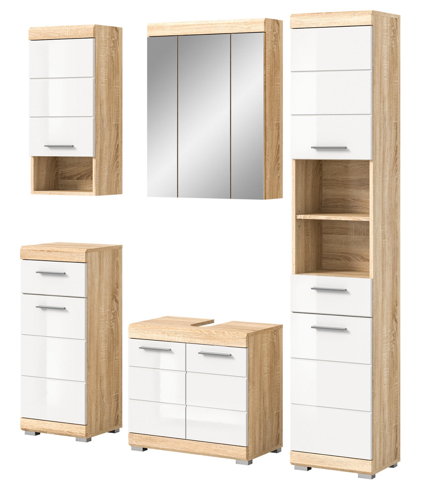 Inn.Furn Badmöbel-Set Weiß Hochglanz, Eiche 164x191x34 cm