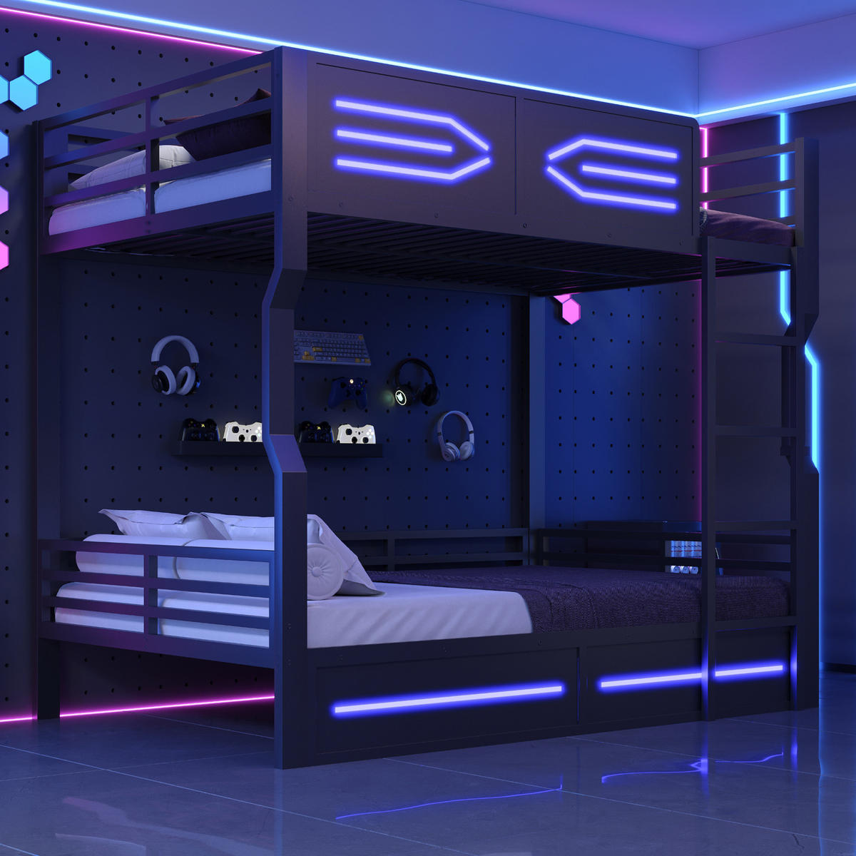 ETAGENBETT Metall & MDF 140x200 cm Schwarz mit LED-Beleuchtung und Treppe - Schwarz, Holzwerkstoff (140/200cm) - Modfu