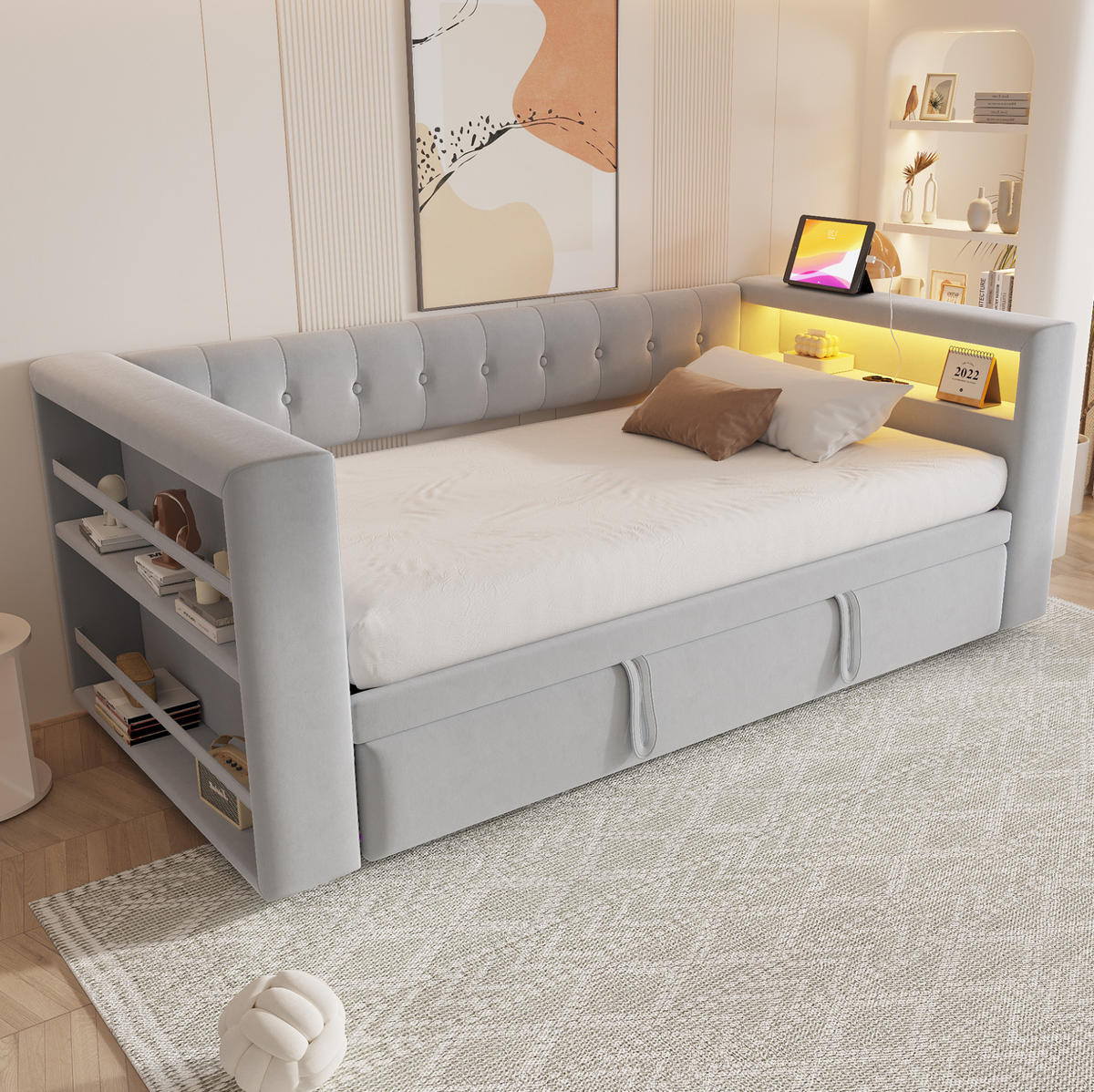 POLSTERBETT 90/180/190 cm aus Flanellstoff mit LED-Beleuchtung, Steckdose und Stauraum Hellgrau - Hellgrau, Textil - Modenvie