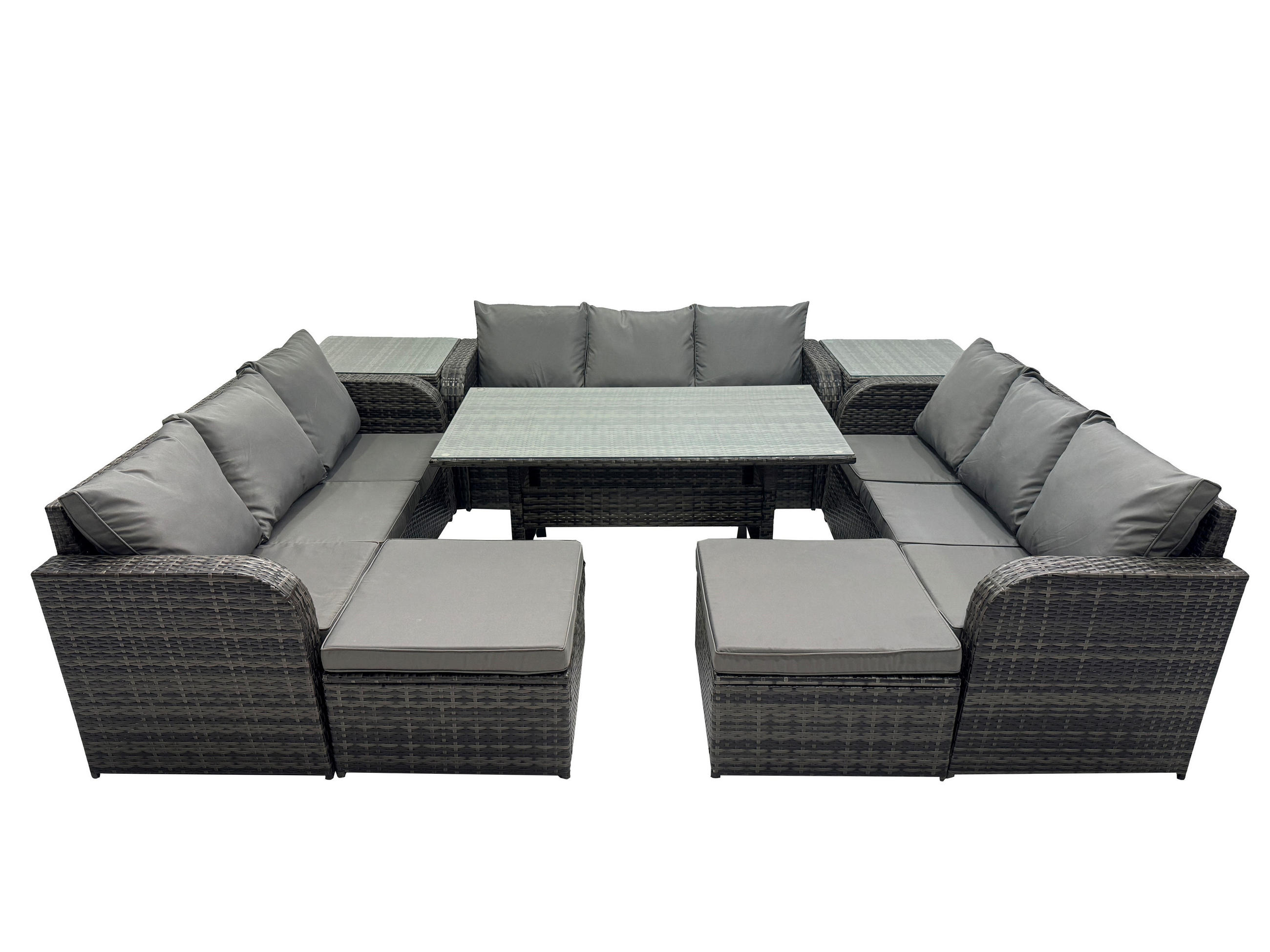 GARTENTISCHGRUPPE mit 2 Hocker 2 Beistelltisch Polyrattan Dunkelgrau 11-Sitzer - Dunkelgrau/Grau, Glas/Kunststoff - Fimous