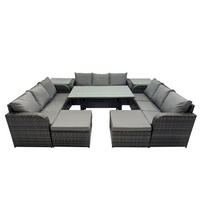 GARTENTISCHGRUPPE mit 2 Hocker 2 Beistelltisch Polyrattan Dunkelgrau 11-Sitzer - Dunkelgrau/Grau, Glas/Kunststoff - Fimous