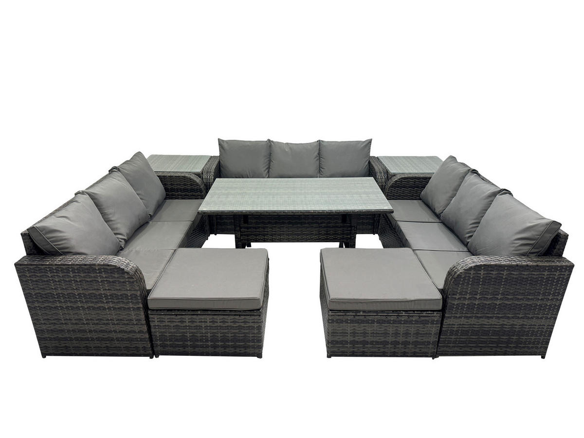 GARTENTISCHGRUPPE mit 2 Hocker 2 Beistelltisch Polyrattan Dunkelgrau 11-Sitzer - Dunkelgrau/Grau, Glas/Kunststoff - Fimous
