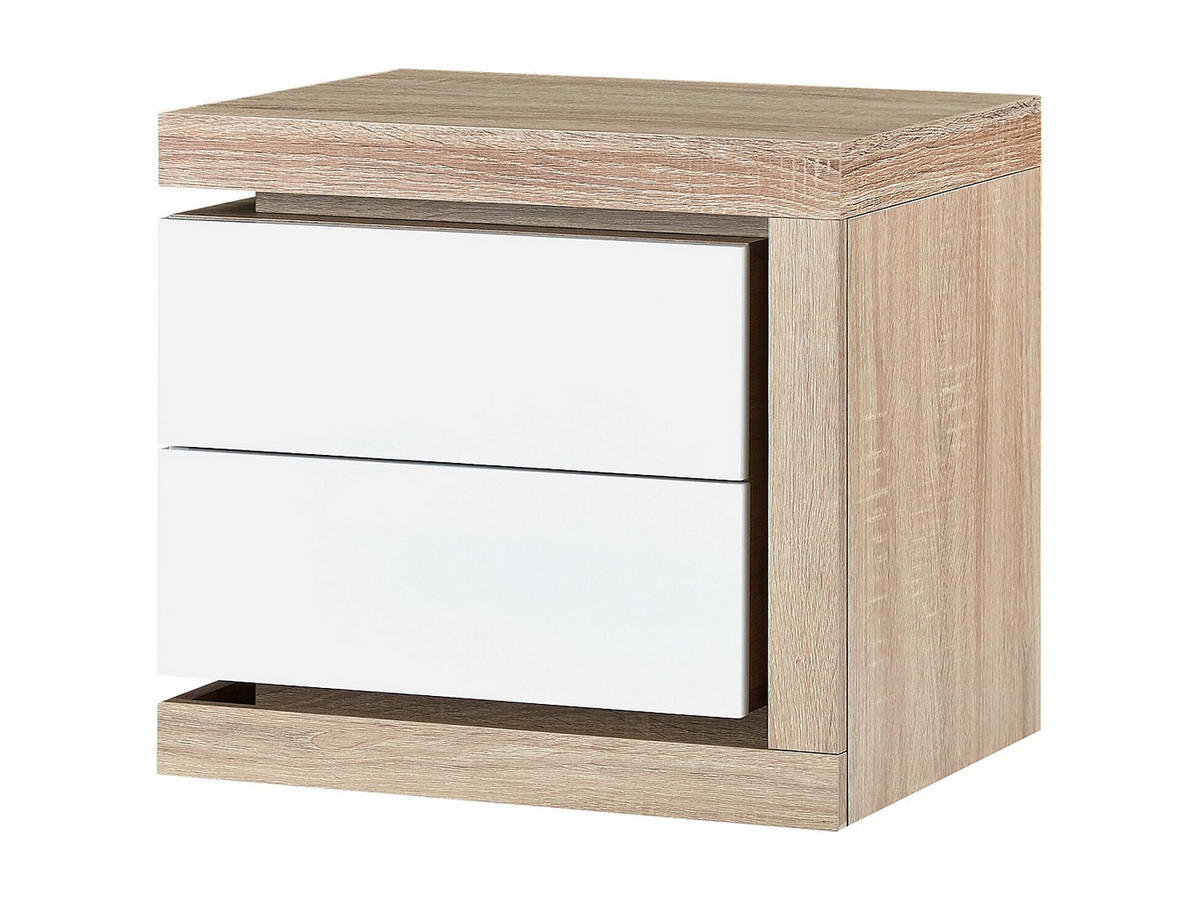 NACHTTISCH mit 2 Schubladen - rechte Seite - Mit LED-Beleuchtung - Weiß lackiert und Holzfarben - FLARANCIA - Naturfarben, Holz (50/45/40cm) - Vente-Unique