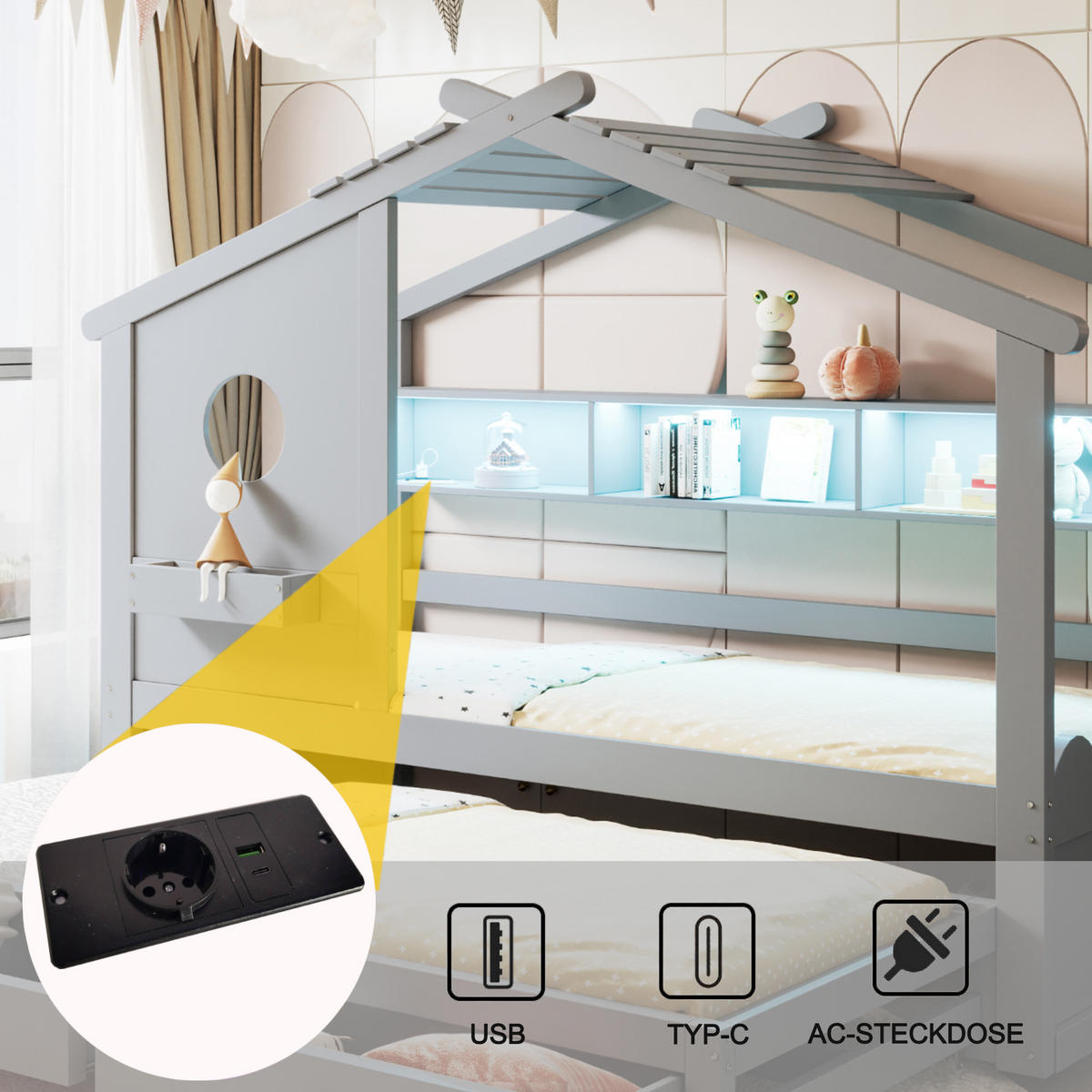 KINDERBETT 90x200 cm Rollbett LED grau - Grau, Holz (90/200cm) - LEBENLANG