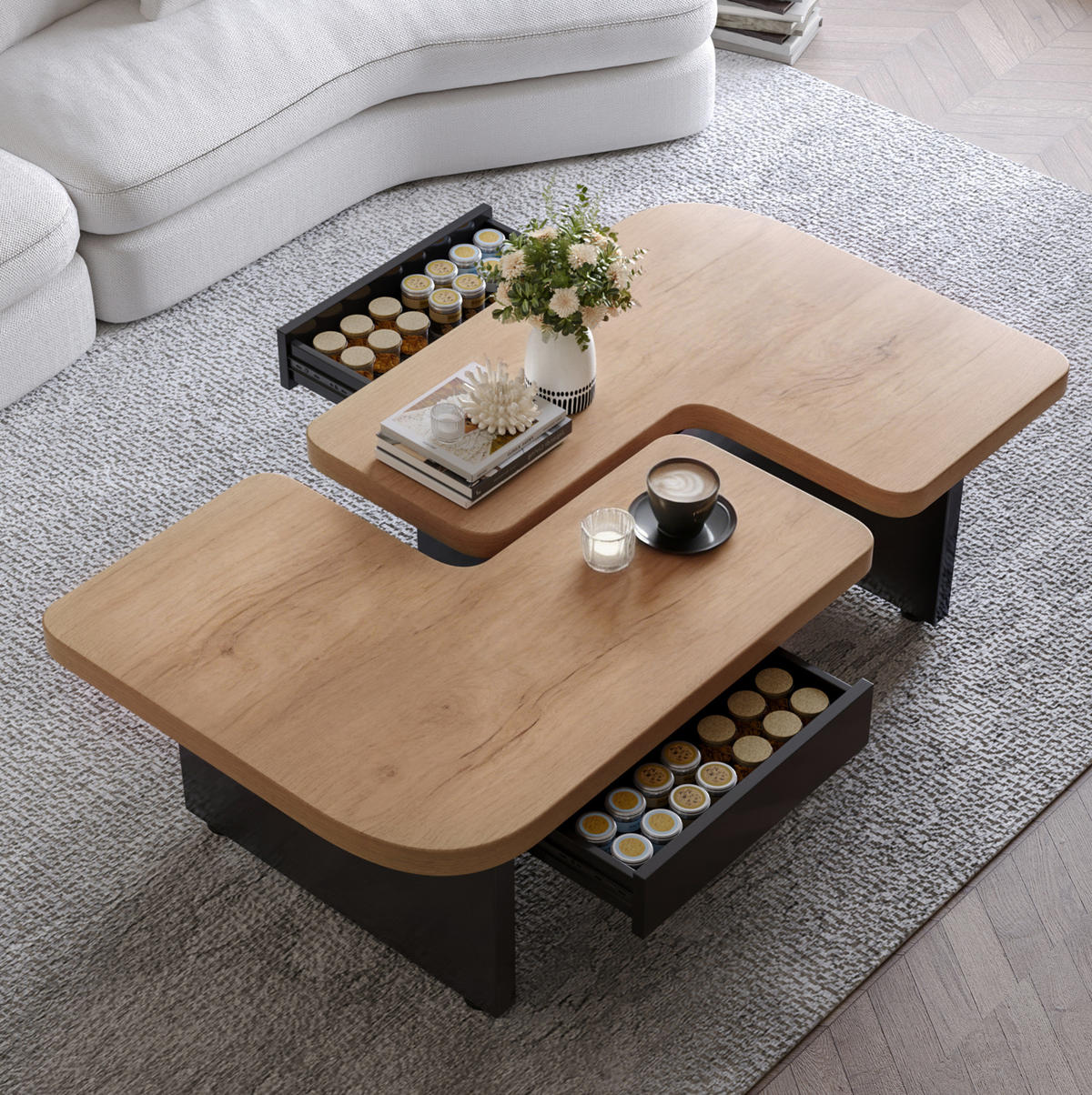 COUCHTISCH 90/60/44,5 cm mit LED-Beleuchtung, 2 Schubladen und flexibel kombinierbarem 2-in-1-Design, Naturholz/Schwarz - Naturfarben, Holzwerkstoff (90/60/44.5cm) - Redom