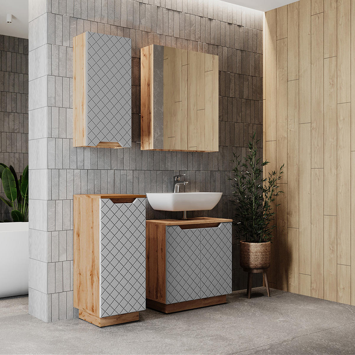 BADMÖBEL-SET Lotta Eiche/Grau mit Kachelstruktur 4 Teile - Grau, Holzwerkstoff (59.8/62.1/32cm) - Vicco