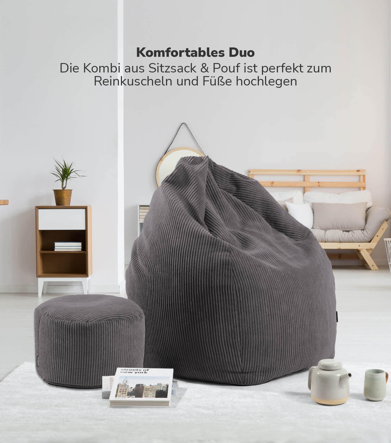 SITZSACK Cord mit Hocker Der Tagträumer - Anthrazit, Textil (180/80/80cm) - Mokebo