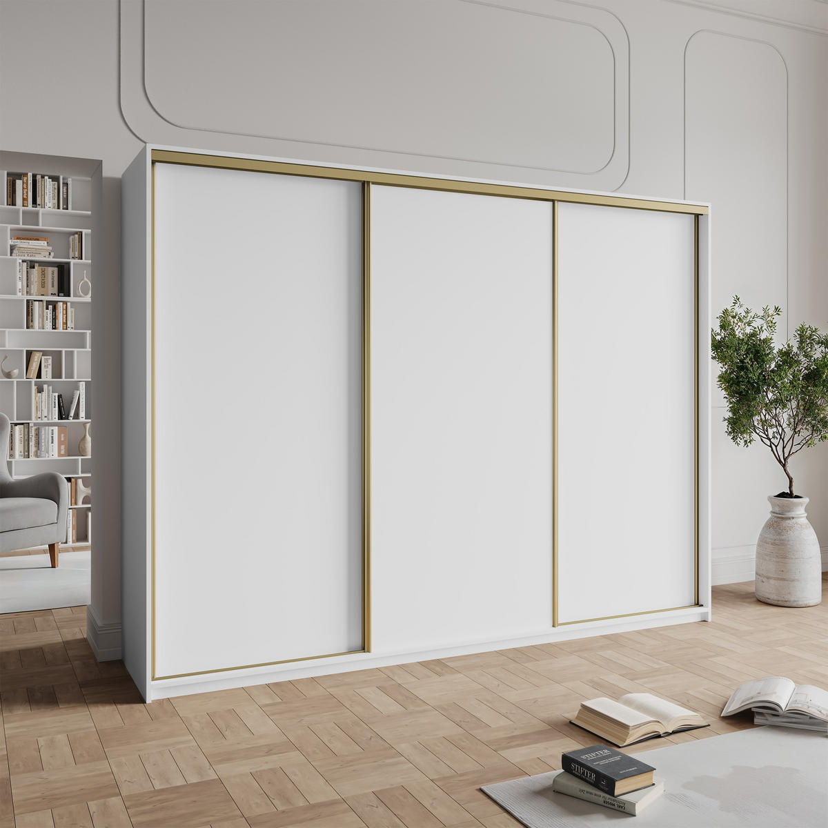 SCHWEBETÜRENSCHRANK NISSE 250/205/60 cm 3-türig mit Schubladen Weiß - Goldfarben/Weiß, Holzwerkstoff (250/205/60cm) - MASSENO