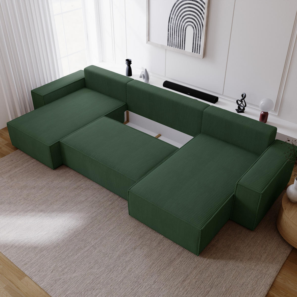 ECKSOFA U 380 cm Bergamo mit Schlaffunktion, Cordstoff, Grün - Grün, Holz (377/189cm) - Emporius