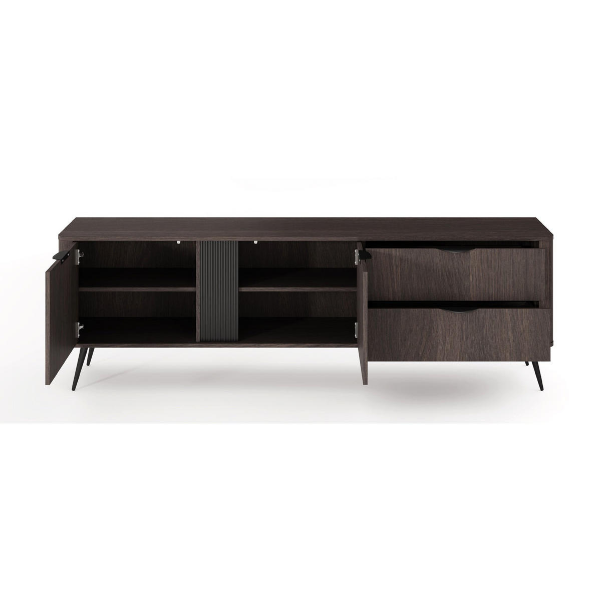 TV stolek Veris 2dveřový se zásuvkami, dub Dunin, 195 cm - tmavě hnědá/černá, kov/kompozitní dřevo (195.2/61.2/38cm) - Selsey