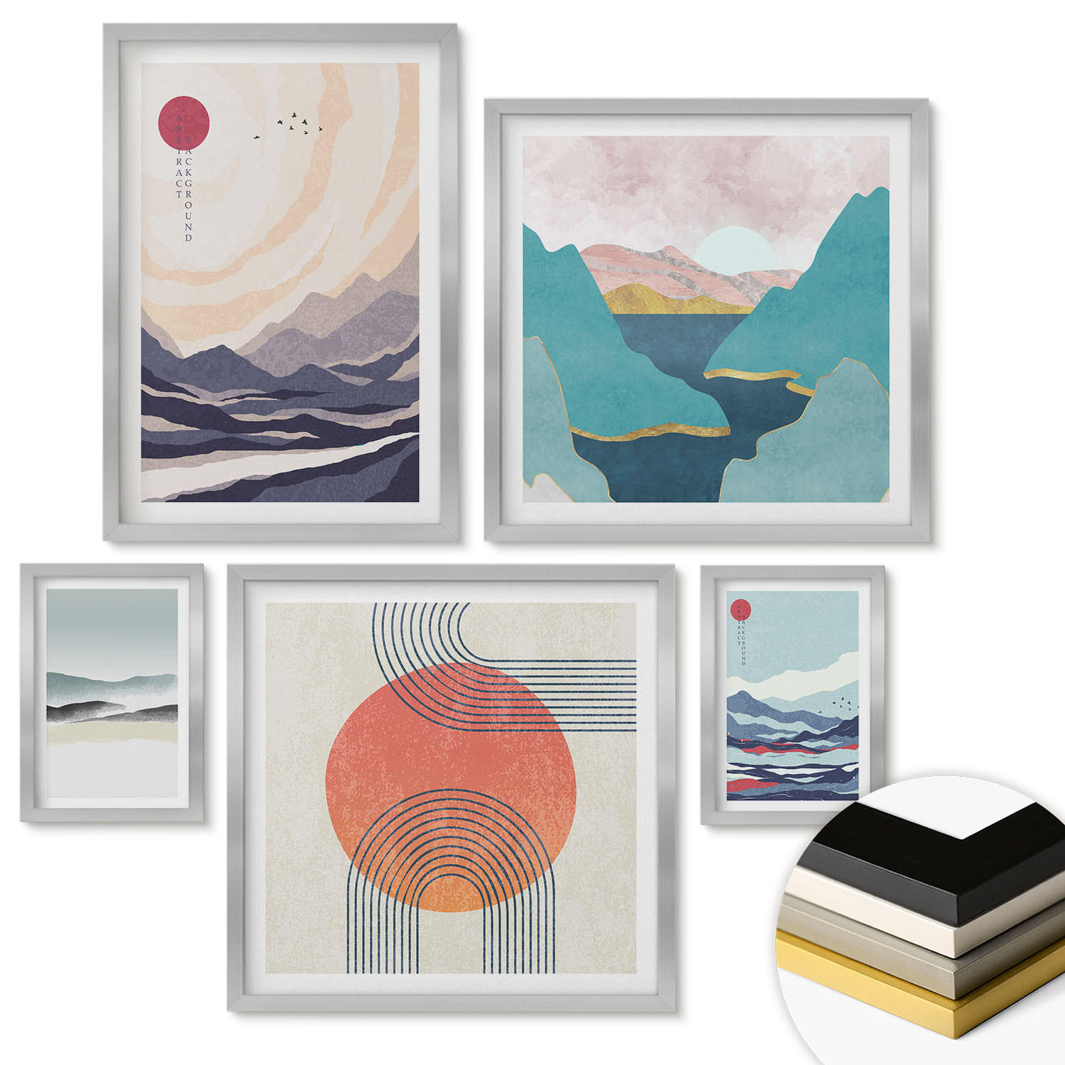 WANDBILDER 5er Set - 50x50 cm & 20x30 cm & 40x60 cm Silberner Rahmen - Farbenfrohe Muster der Japandi-Flussberge - Silberfarben, Kunststoff (40/60cm) - ArtPrintCave
