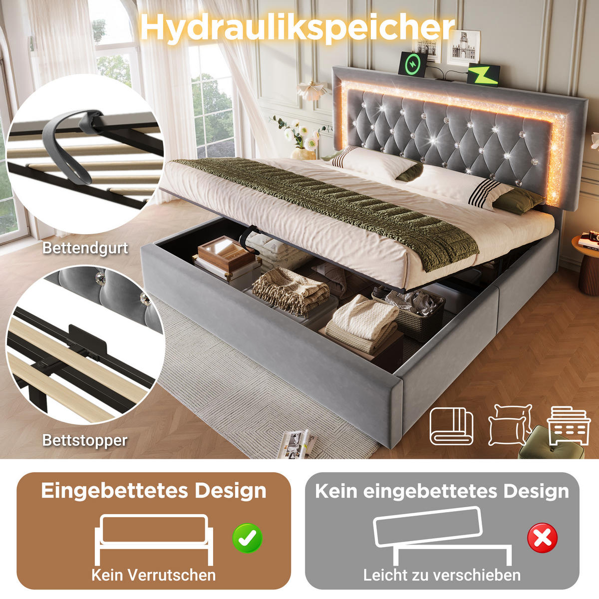 POLSTERBETT 180/200 cm aus Samt mit LED-Beleuchtung, USB- & Type-C-Anschluss und hydraulischem Stauraum, Grau - Grau, Textil (180/200cm) - Redom