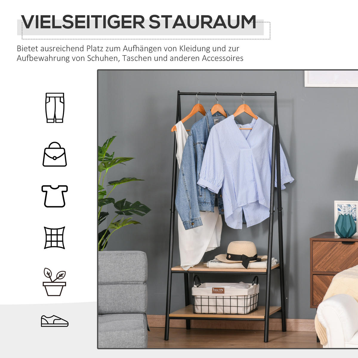 KLEIDERSTÄNDER, MDF Stahl, Natur+Schwarz - Multicolor, Kunststoff (425/149/64cm) - HOMCOM