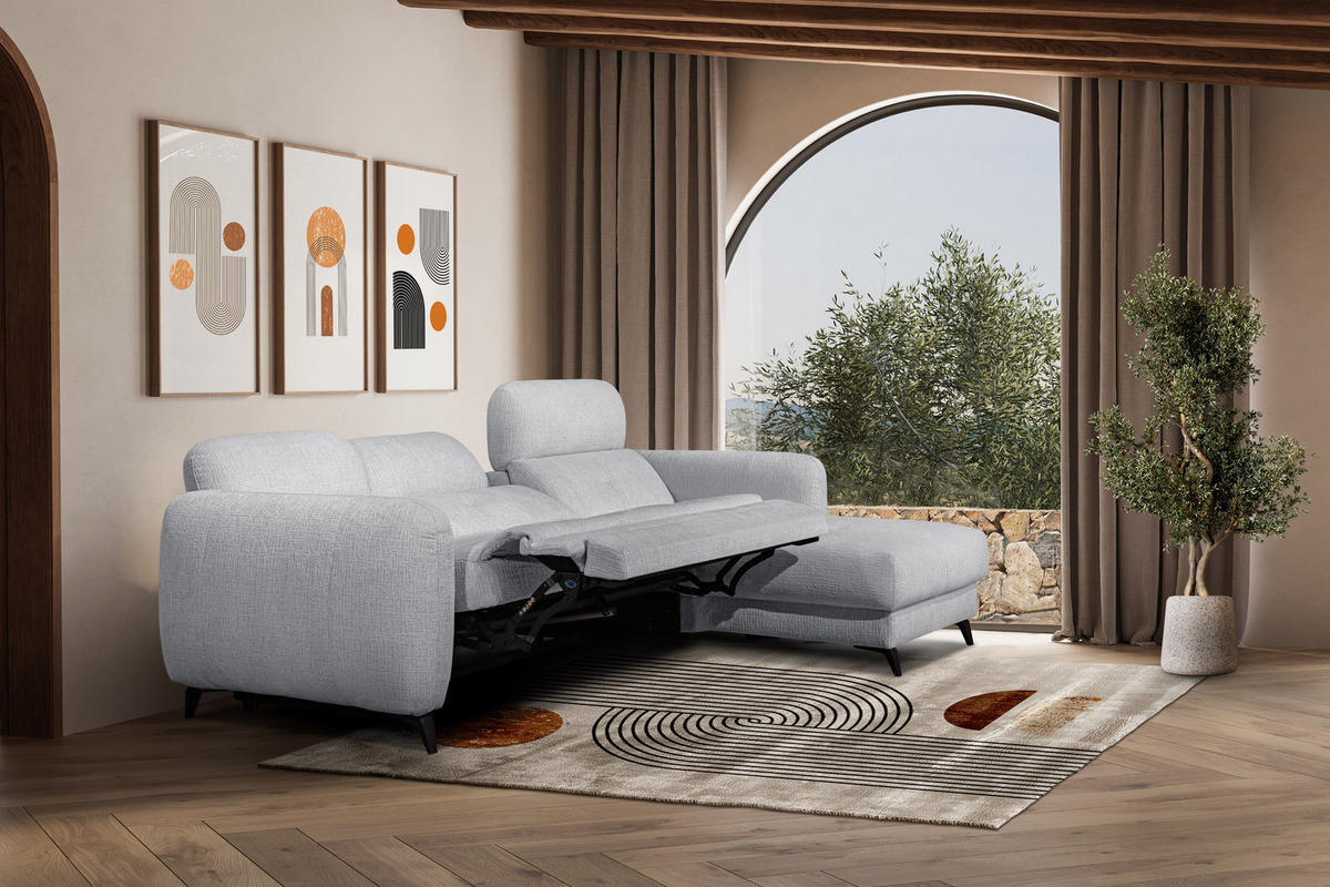 ECKSOFA SVEN 3-Sitzer, 1 Relax XL, verstellbare Kopfstützen, hellgrau - Hellgrau/Schwarz, Holzwerkstoff/Textil (256/163cm) - Courtois Laville