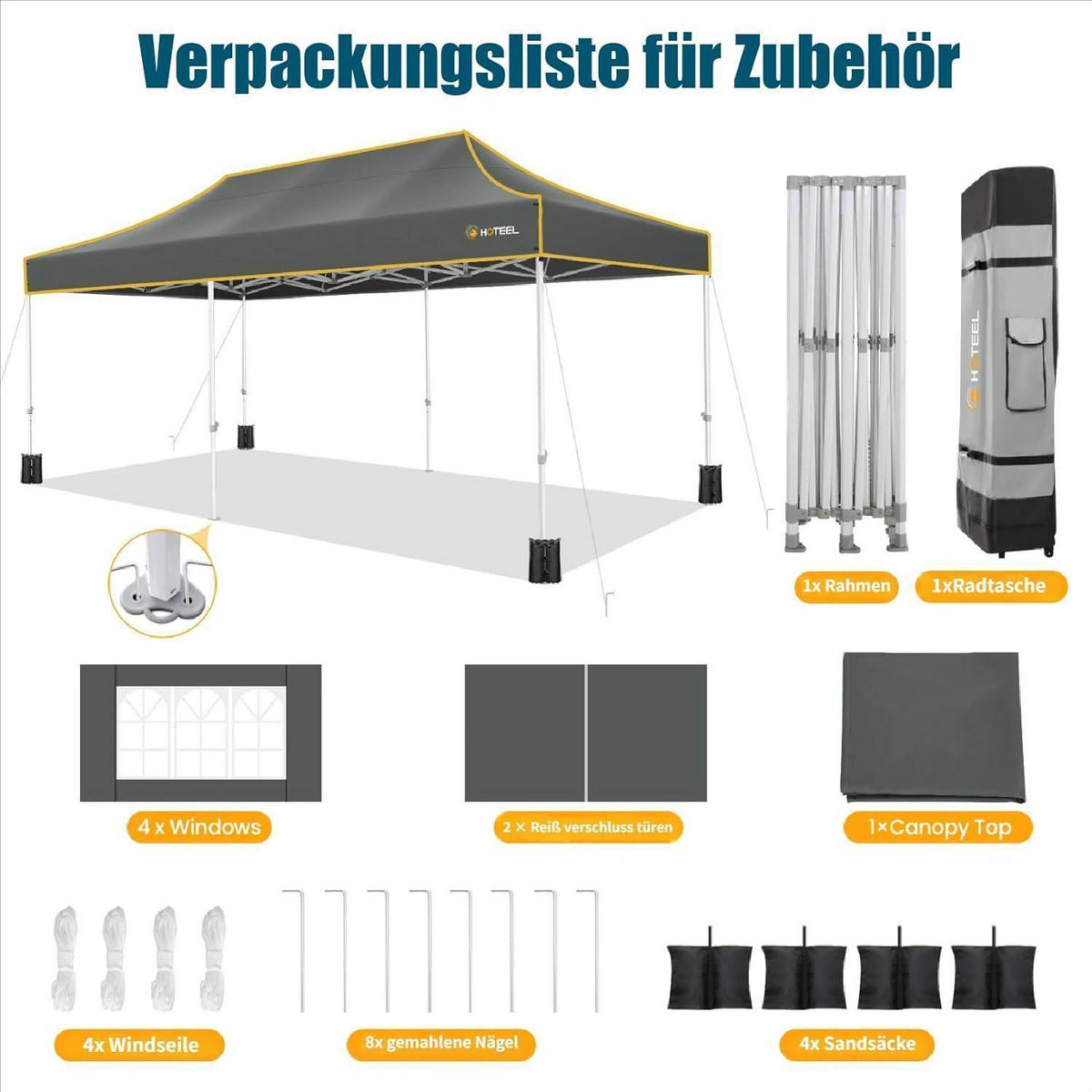 FALTPAVILLON 3x6m Grau Wasserdicht Stabil 6 Seitenteile - Grau, Textil (300/320/600cm)
