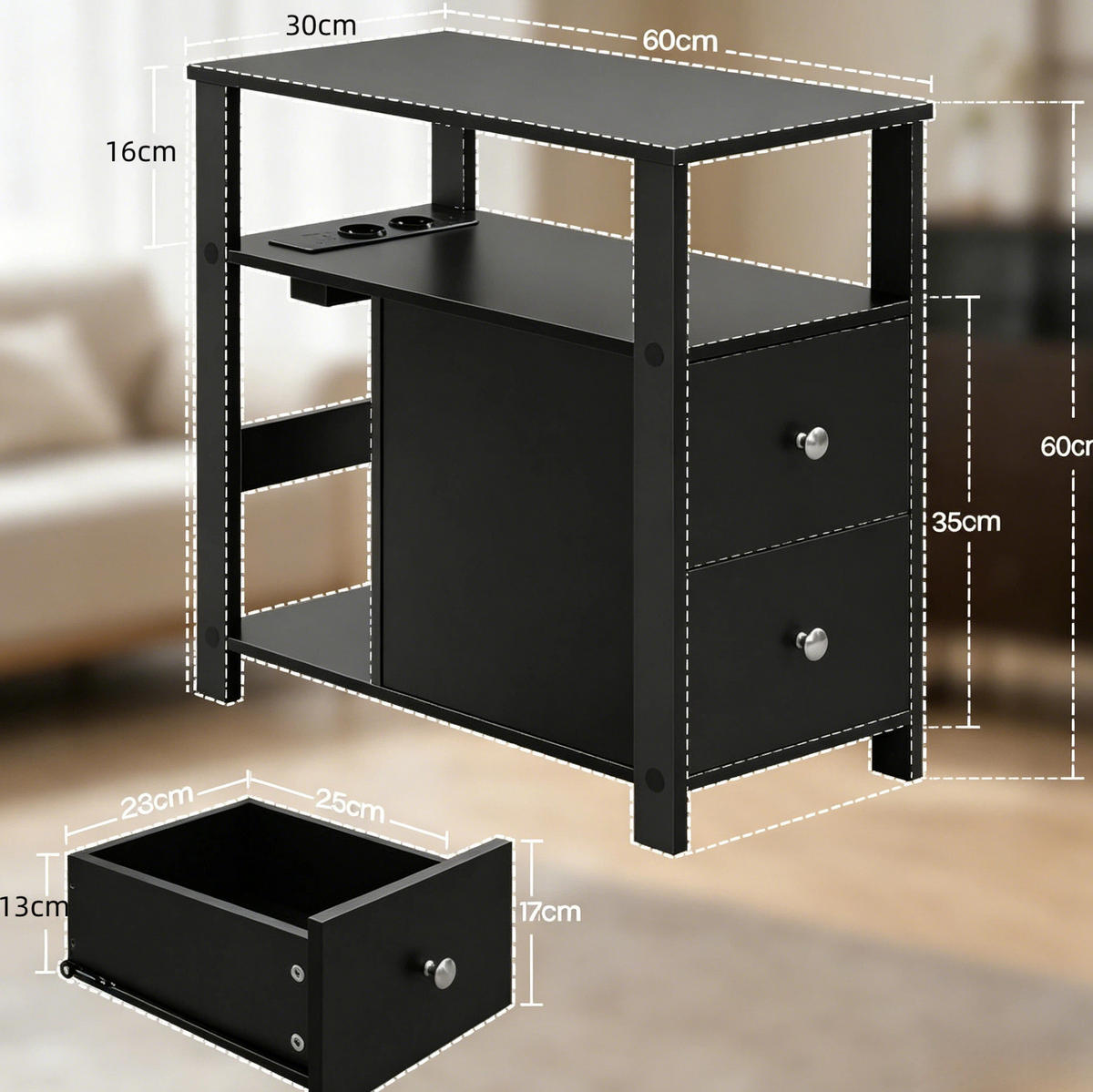 BEISTELLTISCH mit Steckdose 60 x 60 x 30 cm Holz Schwarz - Schwarz, Holz (60/30/60cm) - Meubliv