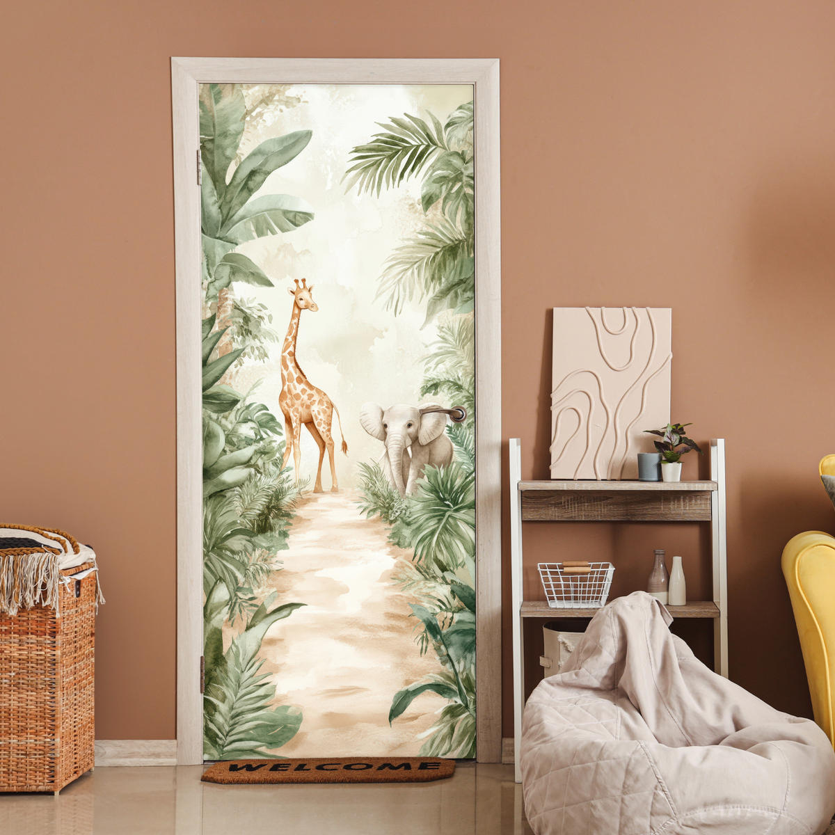 FOTOTAPETE Tür - Dschungel - Giraffe - Elefant - Grün - Natur 90x205 cm - Eukalyptusholzfarben, Kunststoff (90/0.1cm) - MuchoWow
