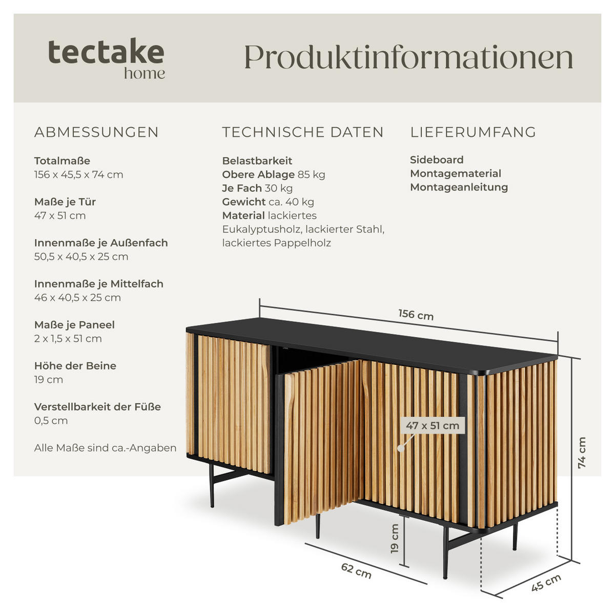SIDEBOARD Lineo,156 x 45,5 x 74 cm, höhenverstellbare Füße,schwarz/braun - Schwarz/Braun, Holz (156/74/45.5cm) - tectake