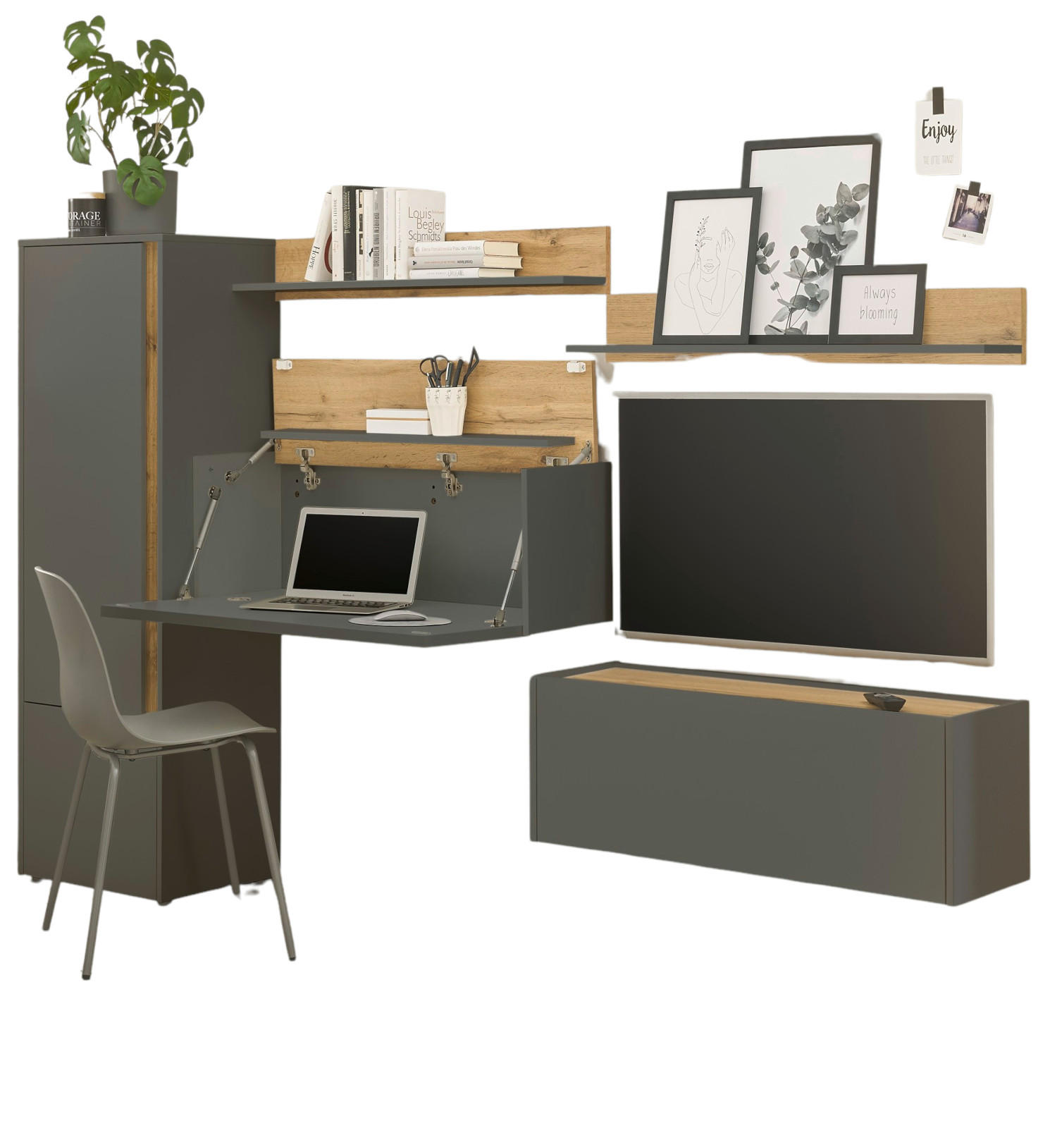 WOHNWAND grau matt, Eiche Wotan 5-teilig 250 cm, Wohnkombination mit Sekretär - Grau, Holzwerkstoff/Kunststoff (250/158/40cm) - Furn.Design