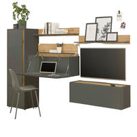 WOHNWAND grau matt, Eiche Wotan 5-teilig 250 cm, Wohnkombination mit Sekretär - Grau, Holzwerkstoff/Kunststoff (250/158/40cm) - Furn.Design