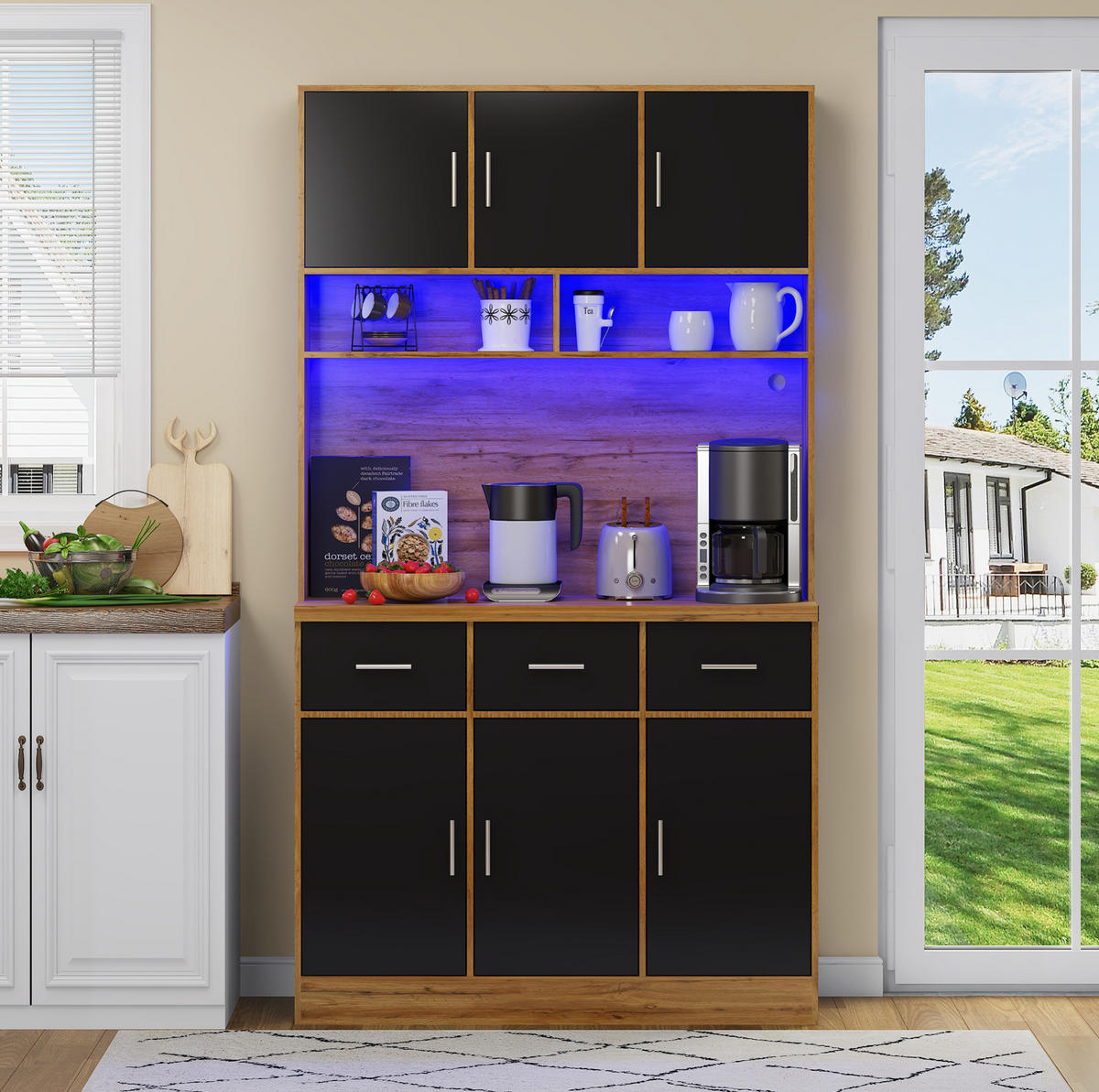 BUFFETSCHRANK aus MDF in Natur/Schwarz mit LED, Steckdosenleiste und Schubladen, 100/40/180 cm, Natur/Schwarz - Naturfarben, Holzwerkstoff (40/180/100cm) - Redom