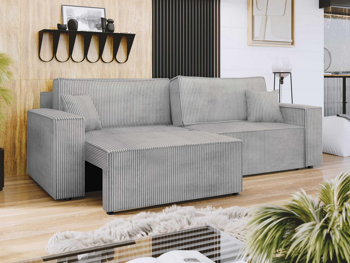 SCHLAFSOFA Karl Cord mit L-Funktion - Hellgrau/Schwarz, Holz/Kunststoff (245/82/139cm) - MIRJAN24