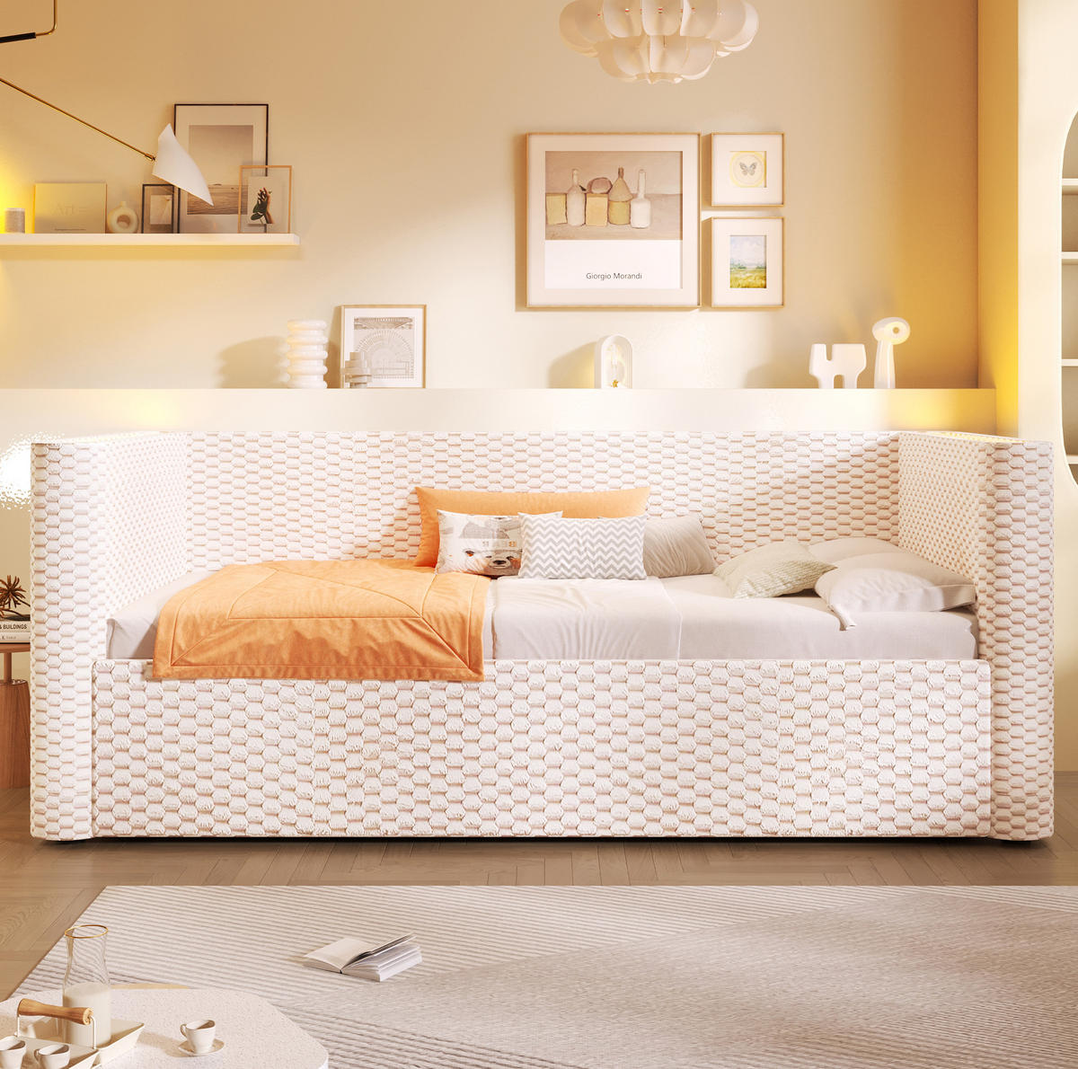 TAGESBETT aus Samt 90x200 cm Beige mit LED-Beleuchtung, hydraulischem Stauraum und Lattenrost - Beige, Textil (90/200cm) - Modfu