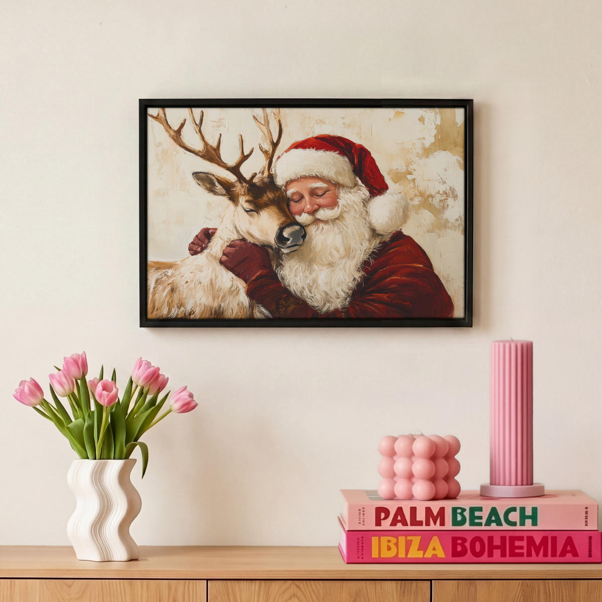 LEINWAND Bilder mit Rahmen - Weihnachtsmann - Rentier - Weihnachten - 30x20 - Rotbraun, Textil (30/20cm) - MuchoWow