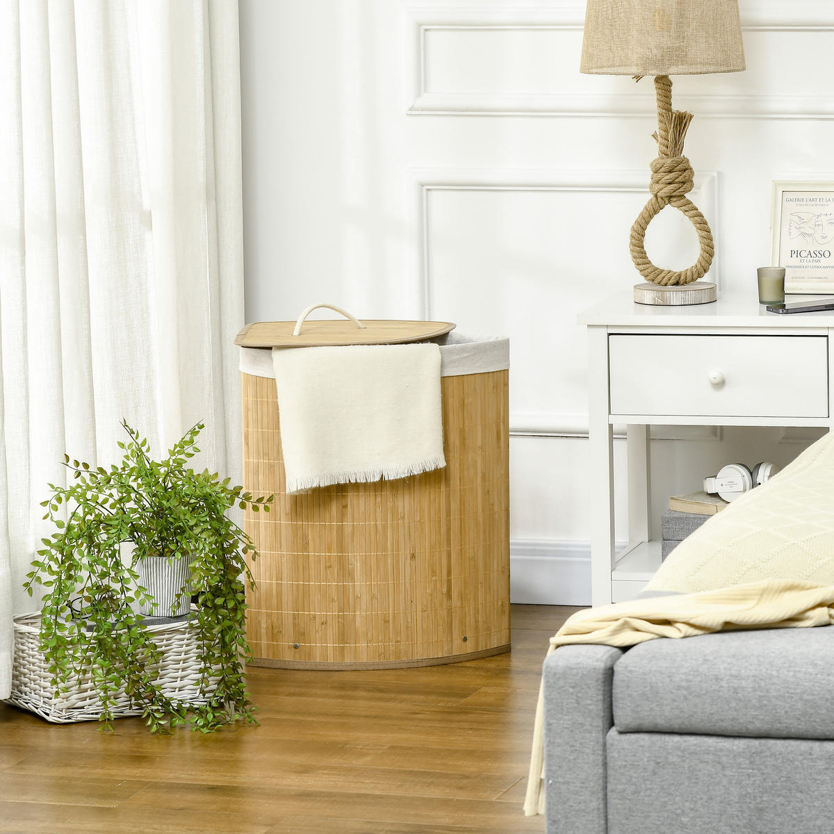 WÄSCHEKORB mit Deckel 55L, Bambus, Natur - Naturfarben, Naturmaterialien (38/57/38cm) - HOMCOM