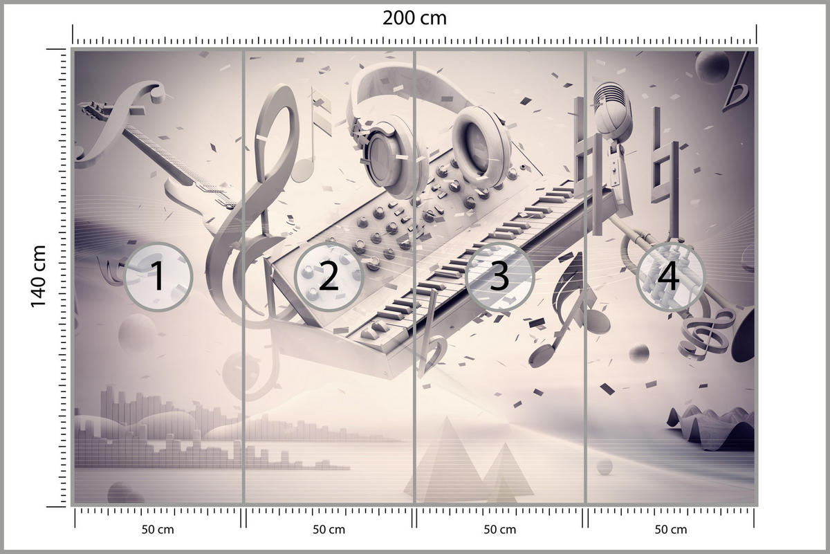 FOTOTAPETE für Jugendzimmer Modern Kollage Musik Klavier Noten Kopfhörer 200x140 - Grau, Papier (200/140cm) - Muralo