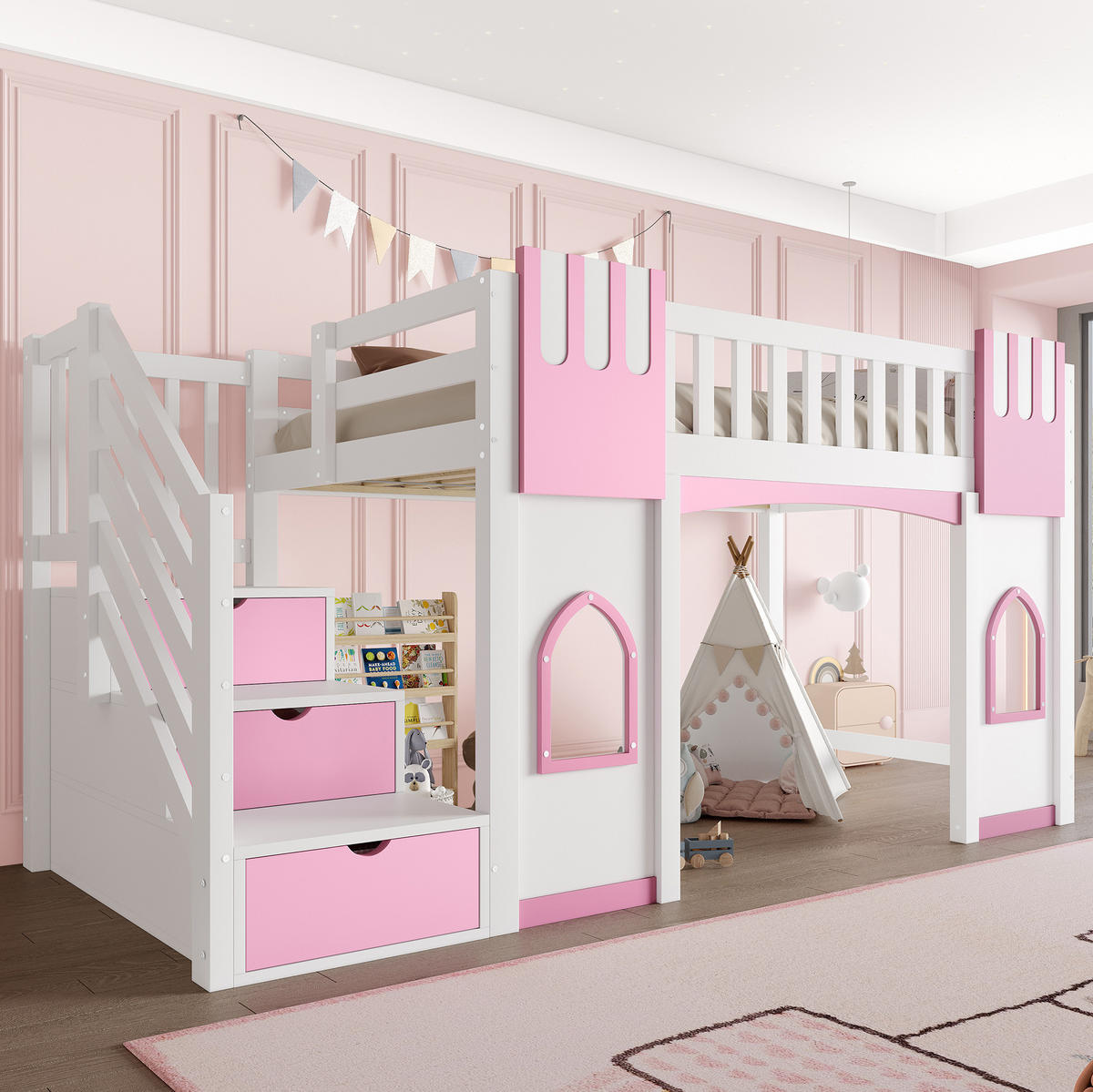 HOCHBETT 90/200 cm, Weiß/Rosa mit Stauraumtreppe und 2 Fenstern - Weiß, Holz (90/200cm) - MIVRAY