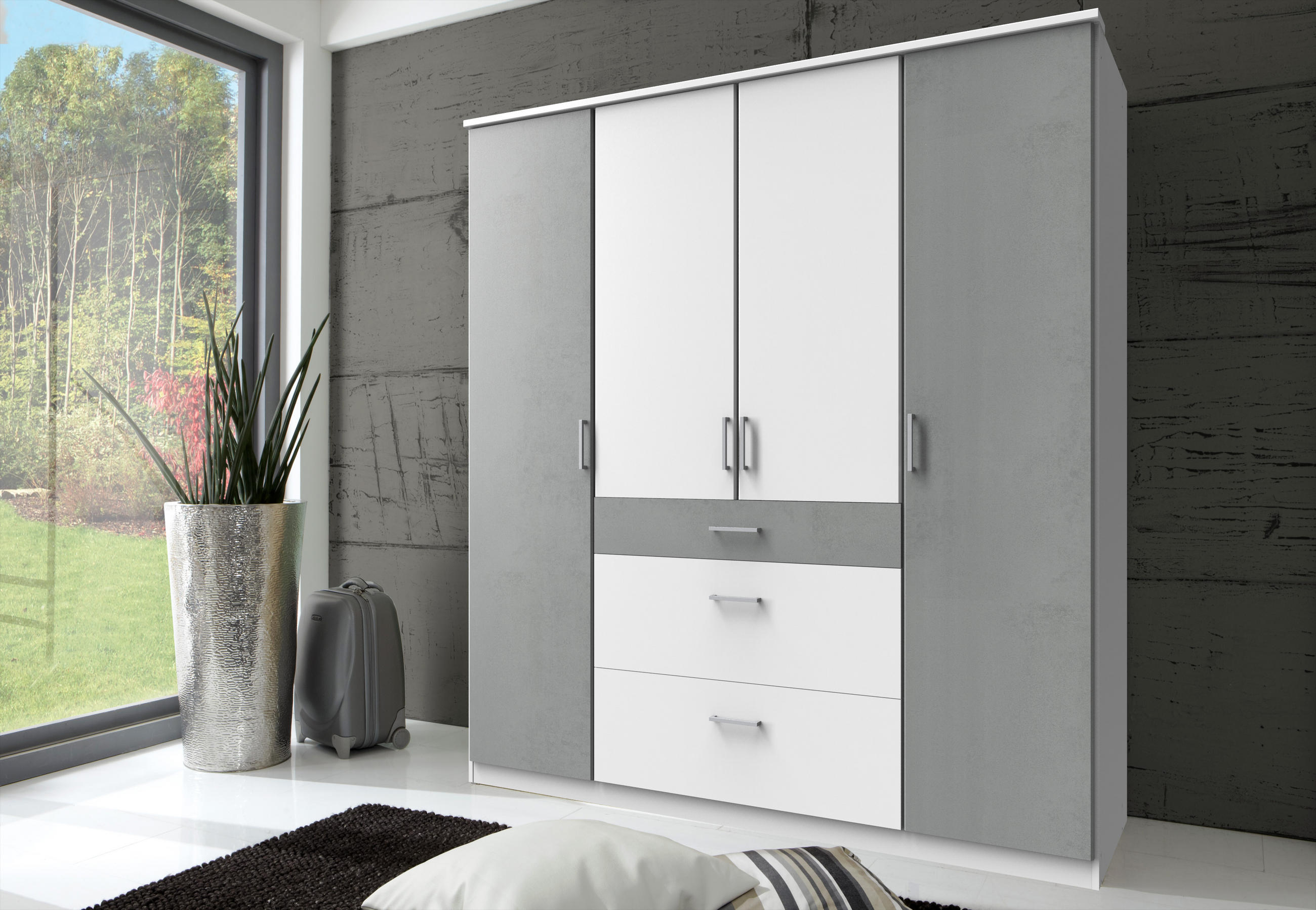 DREHTÜRENSCHRANK Click in Weiß mit Beton Lichtgrau - 179 cm Breite - Weiß, Holzwerkstoff (179/199/58cm)