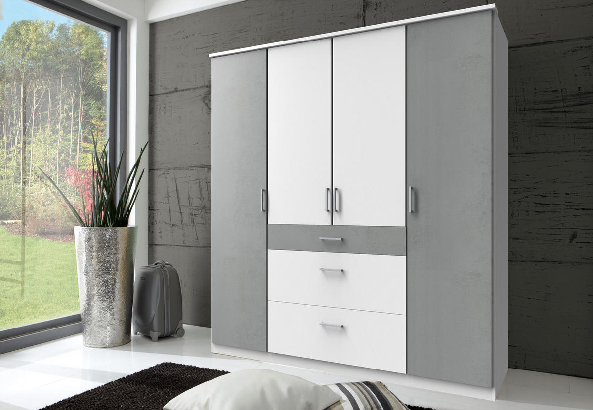 DREHTÜRENSCHRANK Click in Weiß mit Beton Lichtgrau - 179 cm Breite - Weiß, Holzwerkstoff (179/199/58cm)