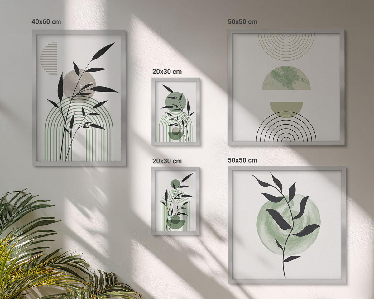 WANDBILDER 5er Set - 50x50 cm & 20x30 cm & 40x60 cm Silberner Rahmen - Boho-Pflanzenkompositionen - Silberfarben, Kunststoff (40/60cm) - ArtPrintCave