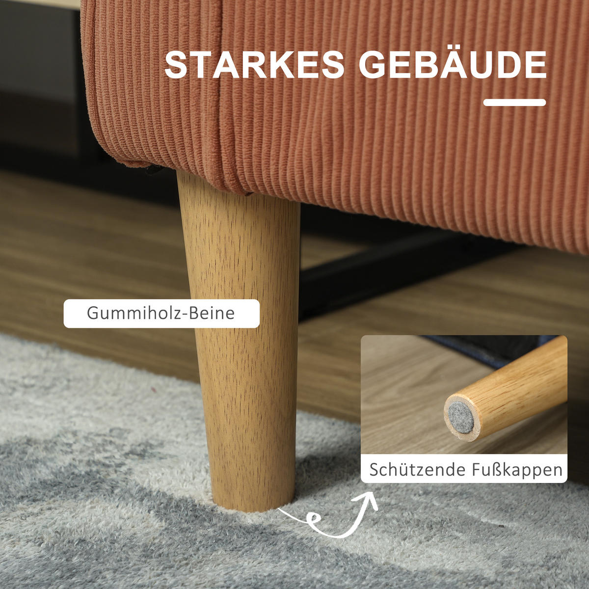 SOFA 2 Sitzer klein Couch mit Armlehne, Stauraum für Wohnzimmer, Orange - Orange/Naturfarben, Holz/Textil (63/79/117cm) - HOMCOM
