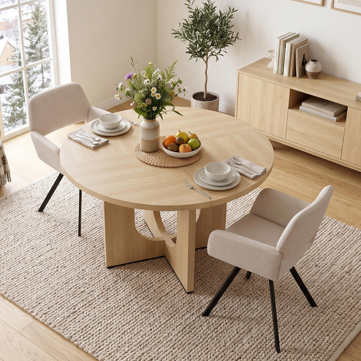 ESSGRUPPE 1+2 Runder Tisch Ø120cm Eiche & 2 beige Drehstühle - Eichefarben, Holzwerkstoff (120/75/120cm) - Urban Meuble
