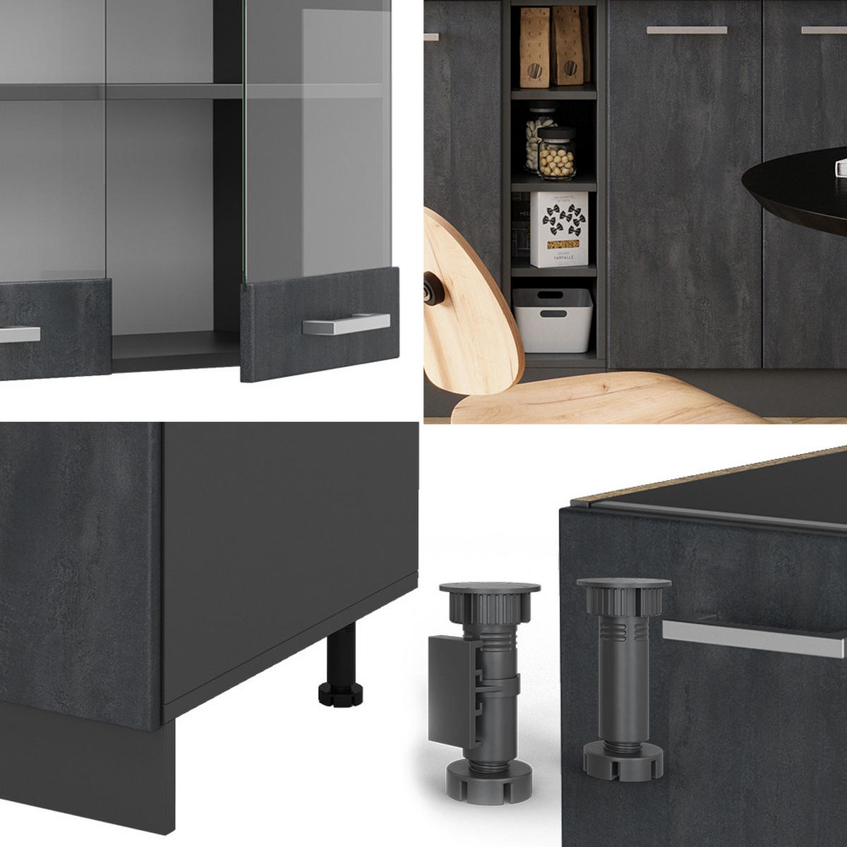 SINGLEKÜCHE R-Line Schwarz Beton/Anthrazit 160 cm AP Eiche - Anthrazit/Schwarz, Holzwerkstoff (160/81.6/60cm) - Vicco