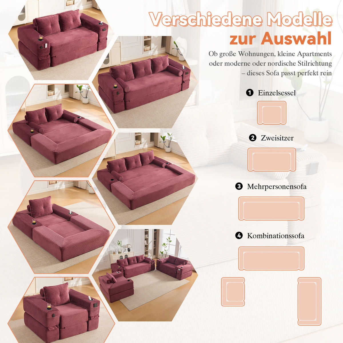 SCHLAFSOFA mit Klappfunktion, Memory-Kissen und Getränkehalter aus Cord - Weinrot, Textil (180/80/98cm) - EVRYAE