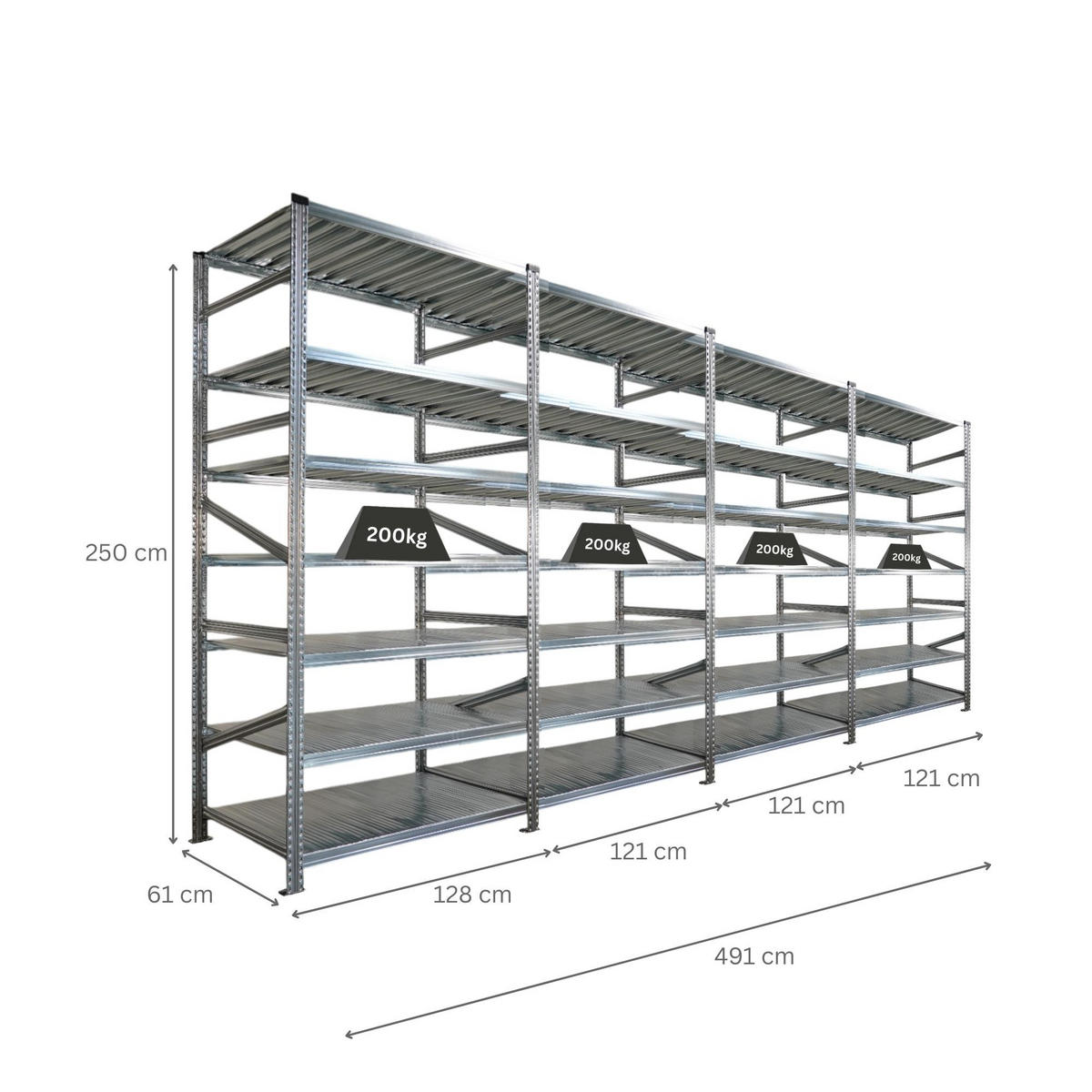 FACHBODENREGAL Proximo Stecksystem 250x480x60cm 7 Ebenen Beidseitig nutzbar Verzinkt - Silberfarben, Metall (480/250/60cm) - PROREGAL