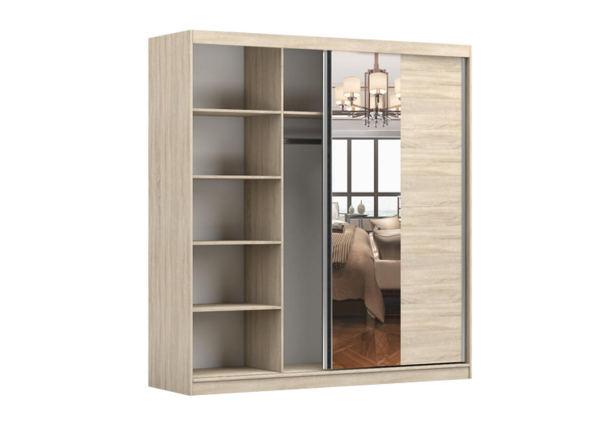 SCHIEBETÜRENSCHRANK - Schrank POSA 42 Sonoma + Weiß - Weiß/Sonoma Eiche, Holzwerkstoff (203/218/61cm) - Möblo