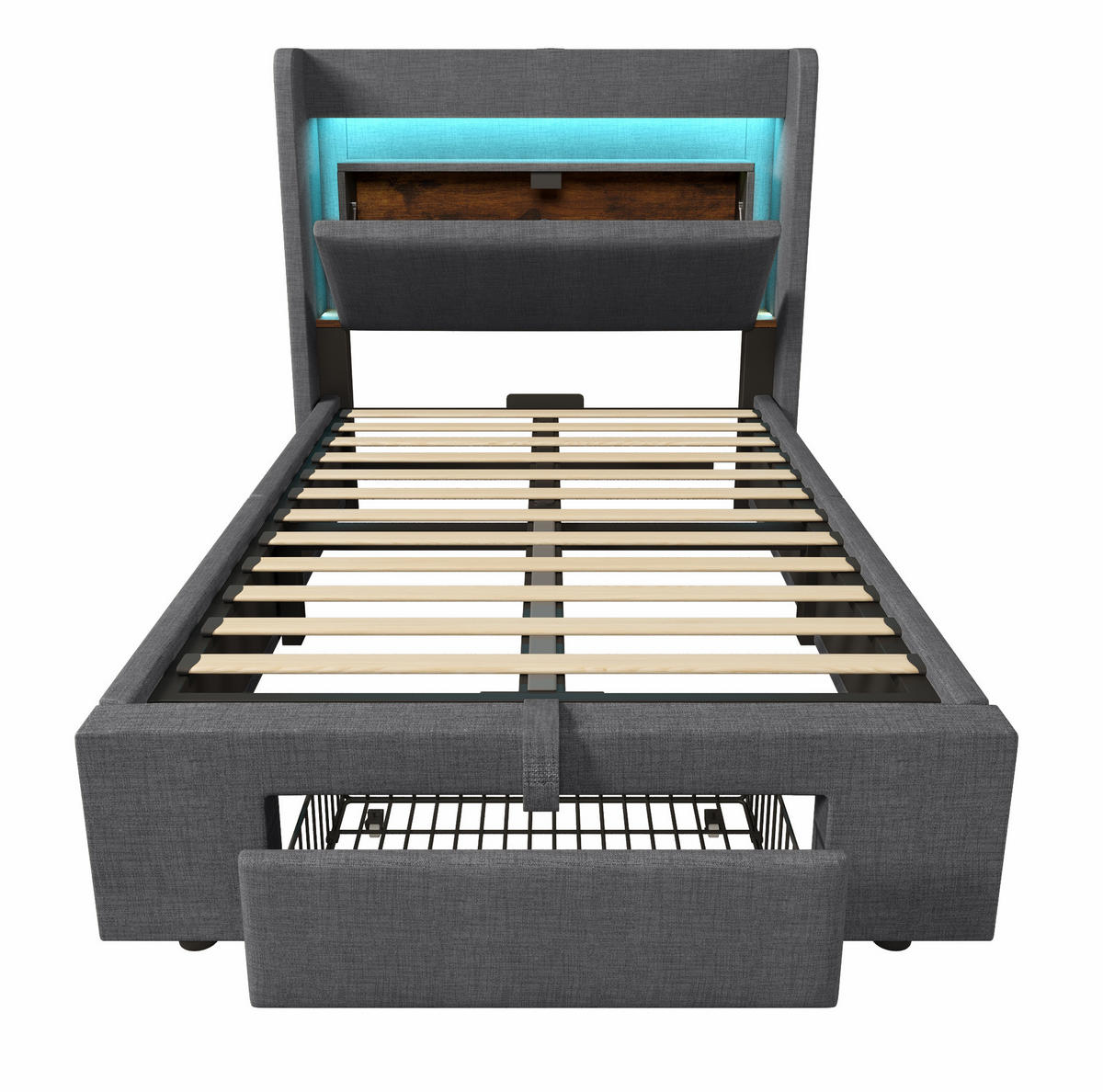 POLSTERBETT aus Leinen 90x200 cm in Grau mit LED, USB-C & Matratze - Grau, Textil (90/200cm) - Modfu